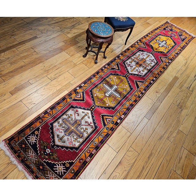 Red Vintage Turkish Oushak Runner, Handwoven Wool Pile, Geometric Pattern, 3' x 15' For Sale - Image 8 of 16