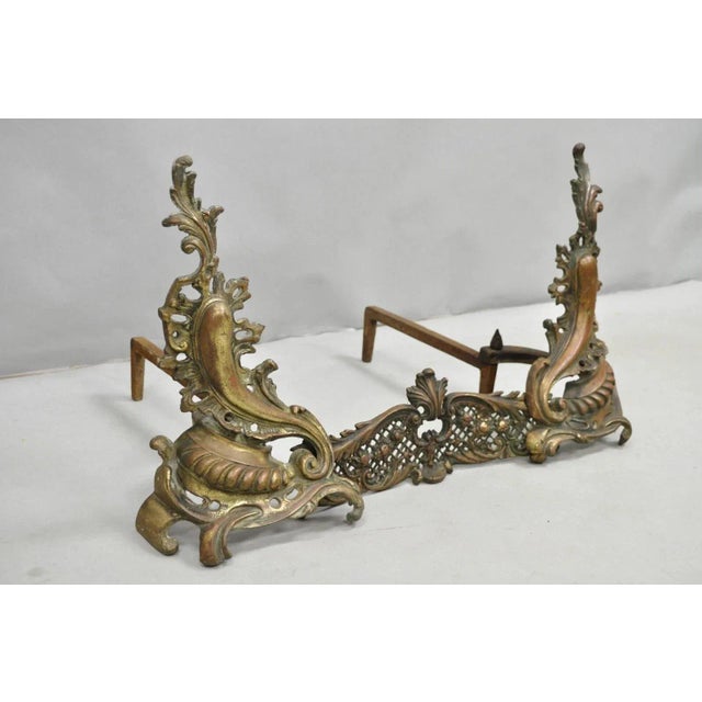 Antique French Louis XV Patinated Brass Bronze Small Fireplace Andirons & Fender For Sale - Image 10 of 12