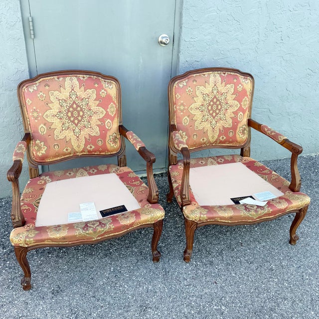 Brown Vintage French Provincial Lounge Chairs by Woodmark - A Pair For Sale - Image 8 of 9