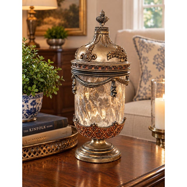 Neoclassical Style Glass Apothecary Jar With Gilt Metal Swags & Finial For Sale - Image 4 of 5