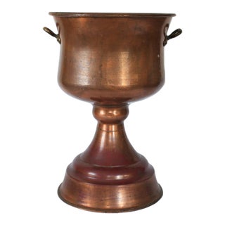 Monumental Footed Copper Planter / Jardiniere With Brass Side Handles and a Wide Flared Pedestal Base For Sale