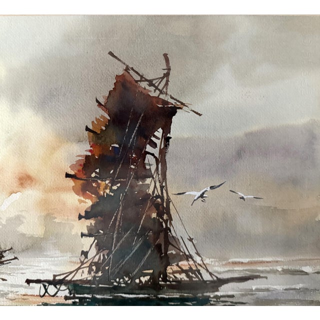 Dark Green Original Hoe Won Watercolor Harbor Scene For Sale - Image 8 of 11