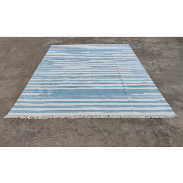 Handmade Reversible Cotton Vegetable Dyed Blue and White Striped Rug-6'x9' For Sale - Image 9 of 12