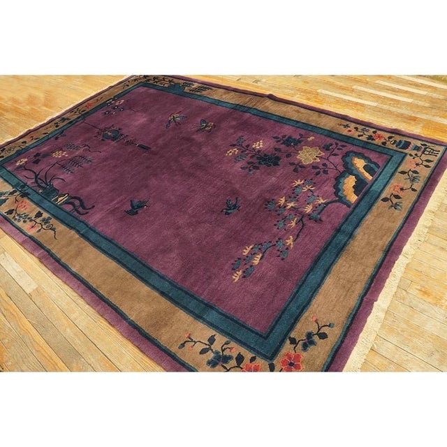 1920s Purple Floral Antique Chinese Art Deco Carpet 6'2"x8'9" Knotted Wool Rug For Sale In New York - Image 6 of 10
