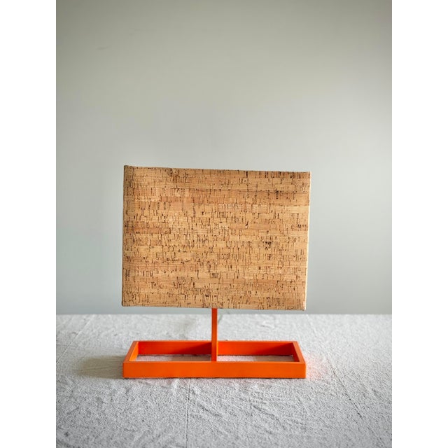 Late 20th Century Vintage Italian Postmodern Style Orange Table Lamb With Rectangular Cork Lamp Shade in Style of Memphis Milano Modernist Design For Sale - Image 5 of 12