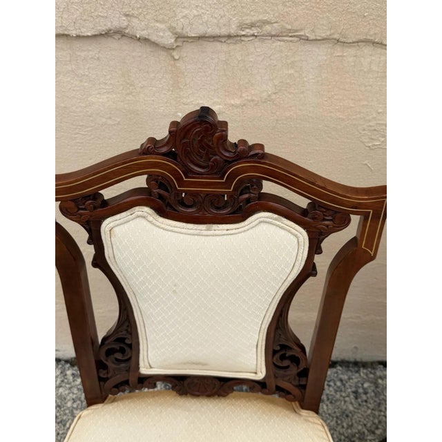 Antique Victorian Carved Mahogany Inlaid Parlor Set Sofa and 4 Chairs - 5 PCS For Sale - Image 9 of 18