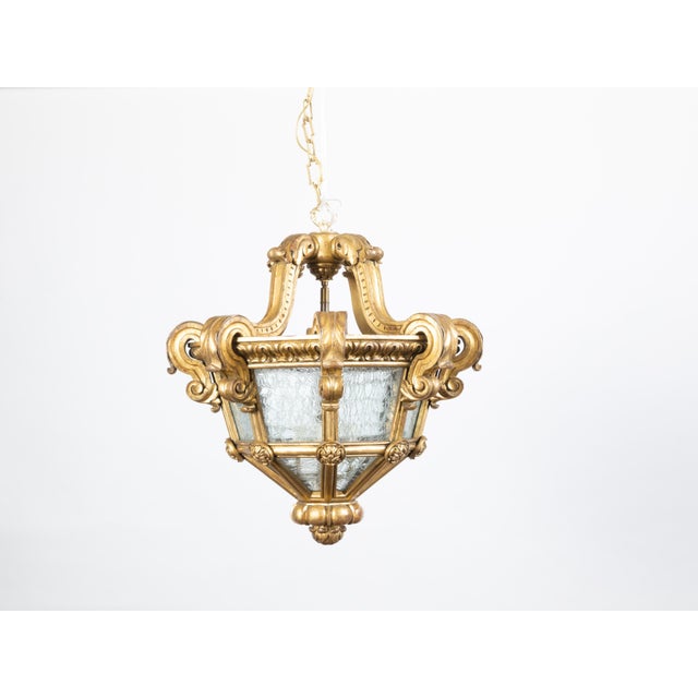 Wood Early 20th Century French Baroque Style Giltwood Lantern with Carved Volutes and Textured Glass For Sale - Image 7 of 11