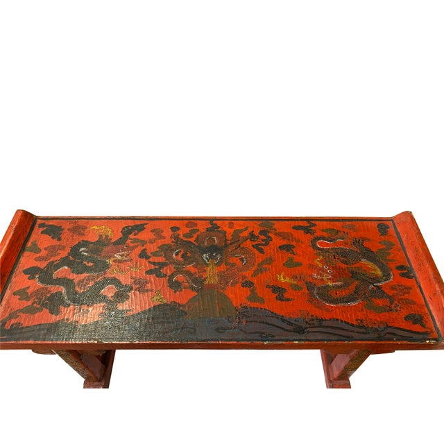2020s Chinese Distressed Red Dragons Graphic Rectangular Stand Display Riser For Sale - Image 5 of 6