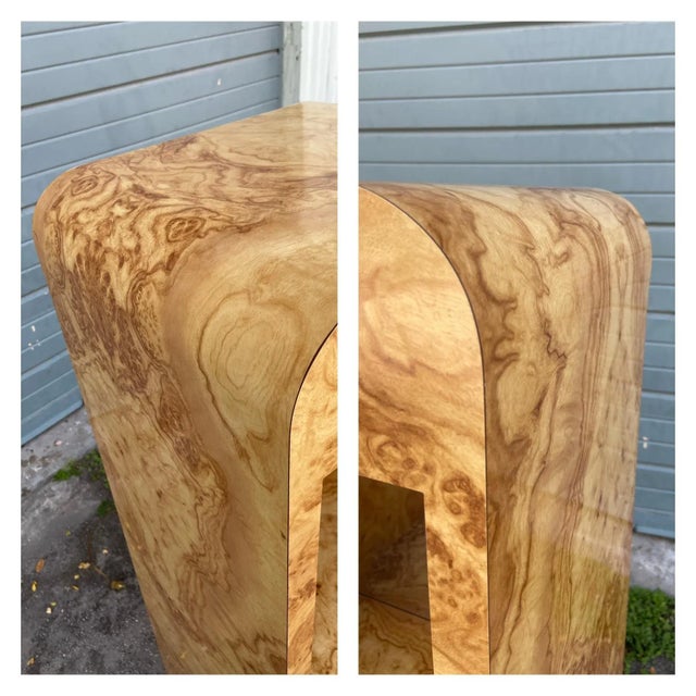 Vintage Burl Laminate Lighted Display Case and Pedestal With Storage For Sale - Image 10 of 12