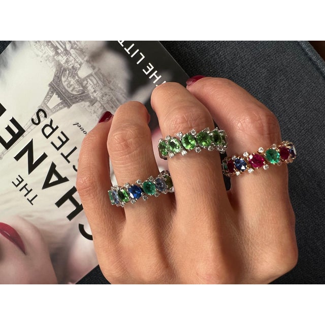 Diamond Emerald Sapphire Tsavorite Flexible Unique Eternity Band White Gold Ring, Size 5 For Sale - Image 17 of 18