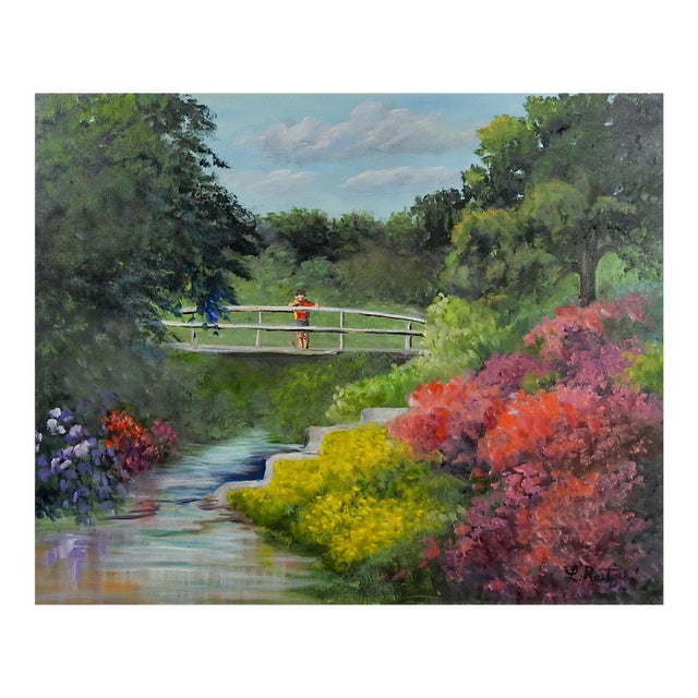 Mid 20th Century Flowering Spring Garden Landscape Painting For Sale