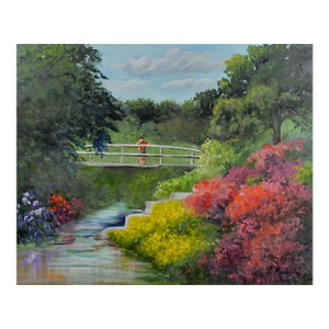 Mid 20th Century Flowering Spring Garden Landscape Painting