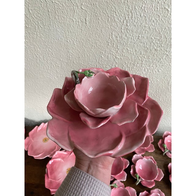 Set of Italian hand painted, handmade rose bud dessert/tea set. The teacups have curled petals with rosebud stem handles....
