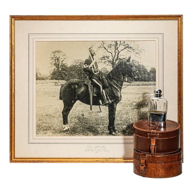 Collection Sterling Silver Crystal Flask With Framed Soldier on Horse Equestrian Photograph British Militaria For Sale