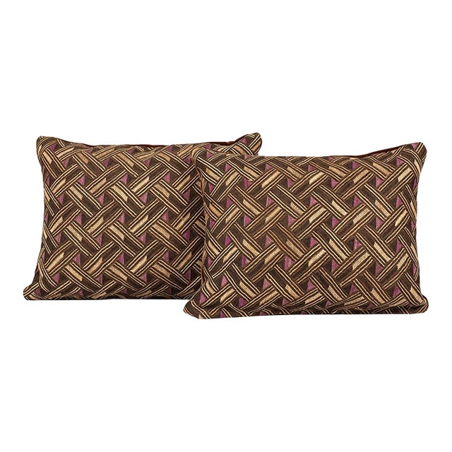 Pair of Custom Lumbar Cushions From Vintage African Kuba Cloth For Sale