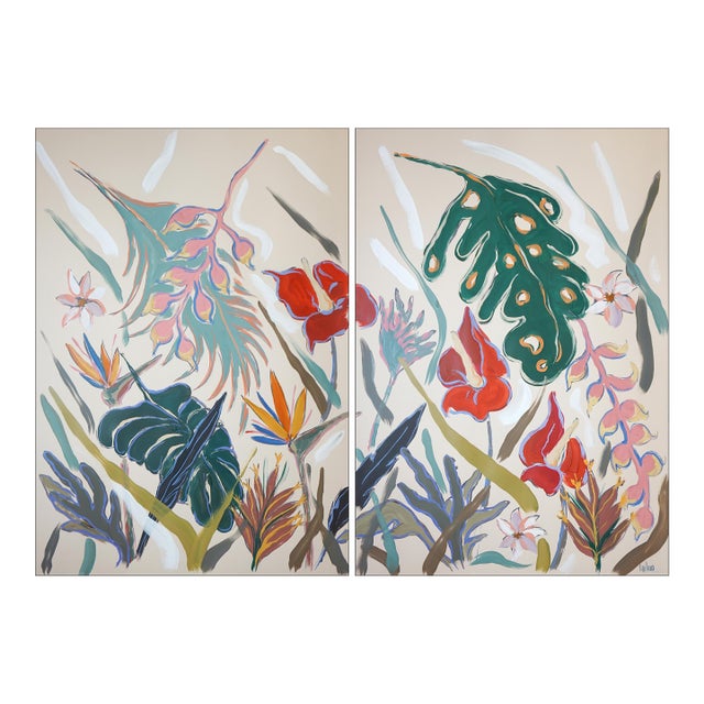 2026, Blooming Tropical Flowers, Floral Diptych, Botanical Painting, Illustration Style Painting on Watercolor Paper For Sale