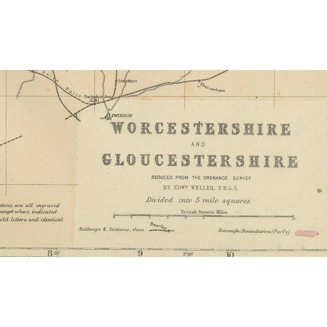 Paper Worcestershire & Gloucestershire South Sheet Map by Edward Weller, 1885 For Sale - Image 7 of 9