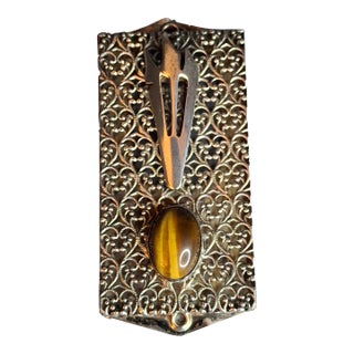 Vintage Israel Sterling Silver 925 Filigree Mezuzah Case Tiger's Eye Stone Judaica For Sale