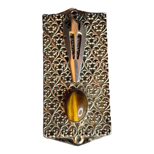 Vintage Israel Sterling Silver 925 Filigree Mezuzah Case Tiger's Eye Stone Judaica For Sale