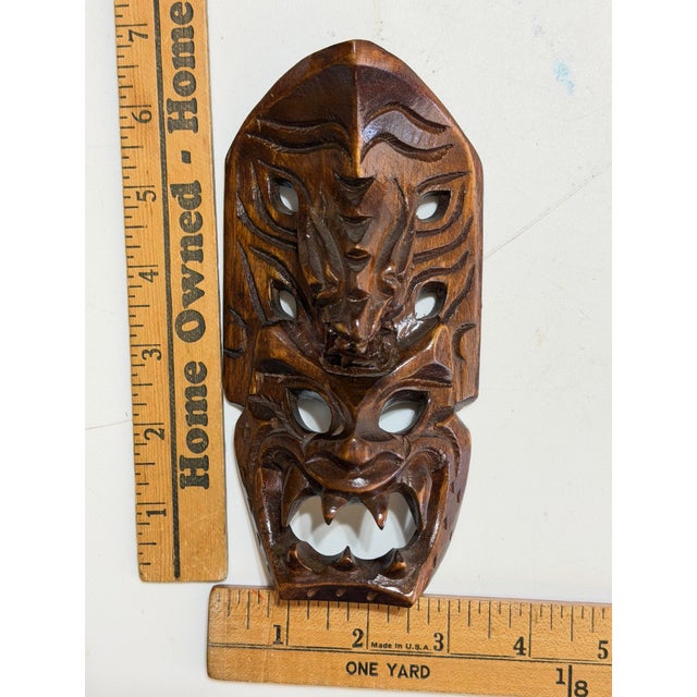 Tribal Vintage Balinese Hand-Carved Wood Dragon & Demon Wall Mask For Sale - Image 3 of 10