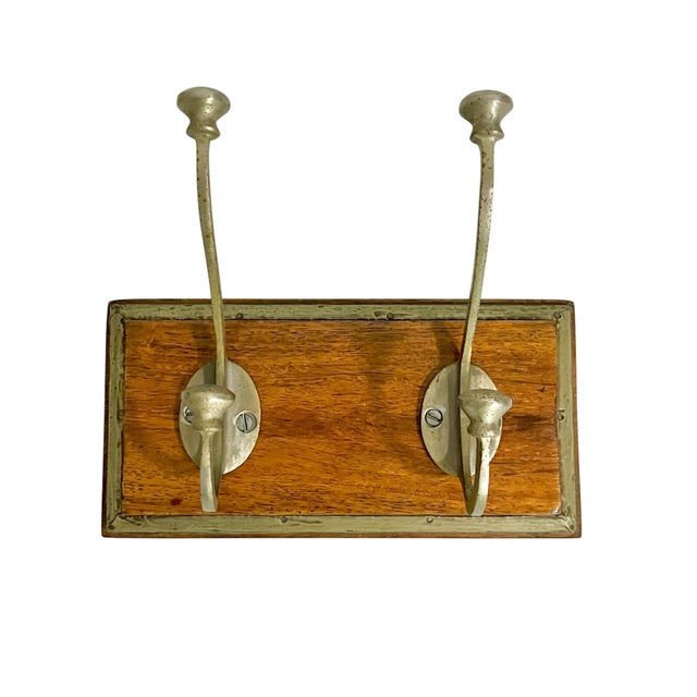 Mid 20th Century Pair of Vintage French Mid Century Wood and Metal Double Wall Hooks on Wood Plaques For Sale - Image 5 of 18