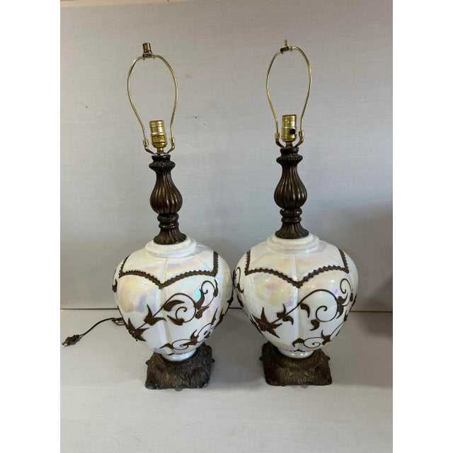 This pair of large Hollywood Regency lamps was made with opalescent glass by the Phoenix Lamp Company in the 1970s. Each...