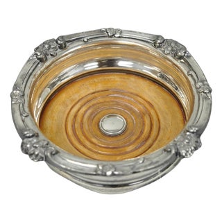 Antique English Victorian Silver Plated Rose Repousse Bar Wine Bottle Coaster For Sale