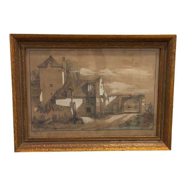 19th Century European Sepia Wash Architectural Landscape Drawing in Pencil & Chalk, Framed For Sale