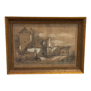 19th Century European Sepia Wash Architectural Landscape Drawing in Pencil & Chalk, Framed