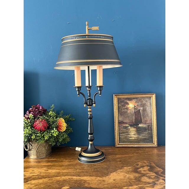 Vintage Bouillotte Table Lamp — Black Tole & Gilt Metal, Three-Light French Style, Circa 1970s For Sale - Image 13 of 18