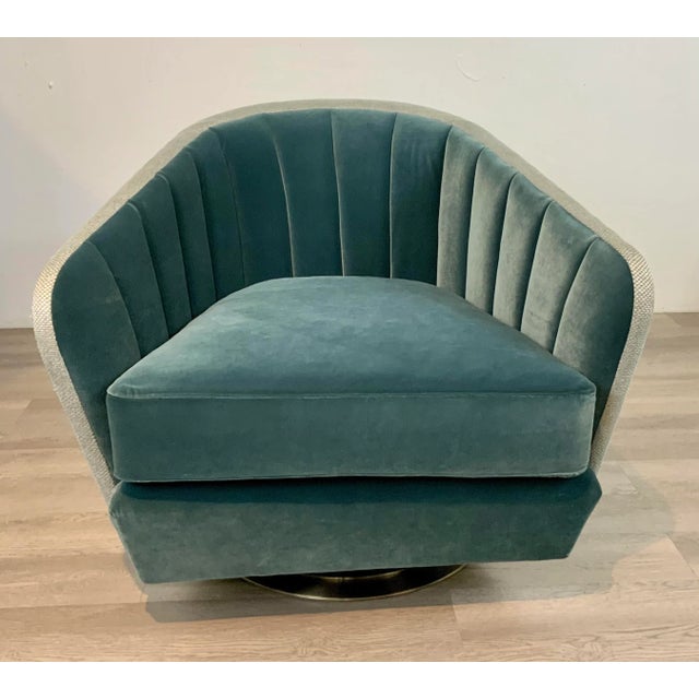 Original Retail $2600, stylish Caracole Modern Channeled Teal Velvet Concentric Swivel Chair, contrasting silver and gray...