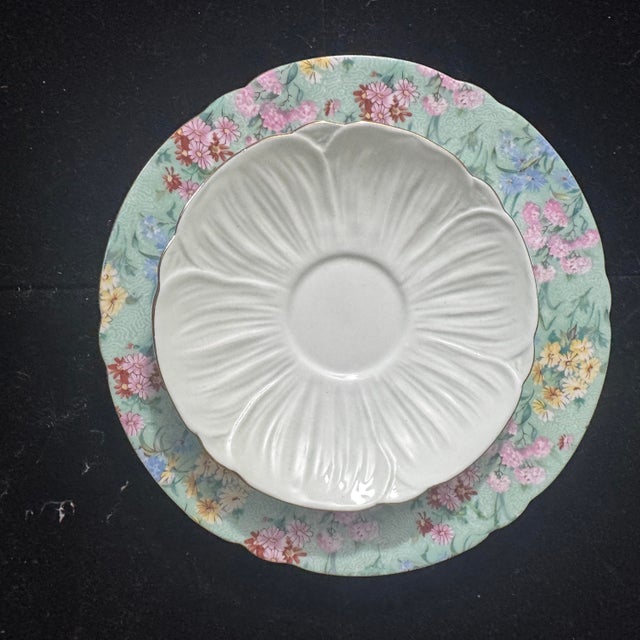 Shelley Vintage Shelley Oleander “Melody” Trio Bone China Tea Cup Saucer & Plate Three Piece Set For Sale - Image 4 of 9