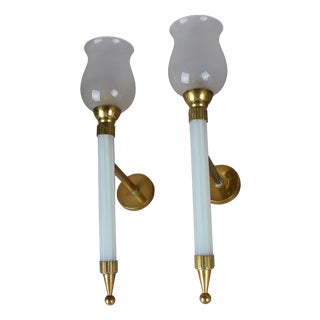 French Blue Opaline Glass and Brass Torch Wall Sconces with Glass Shades, 1950s, Set of 2 For Sale