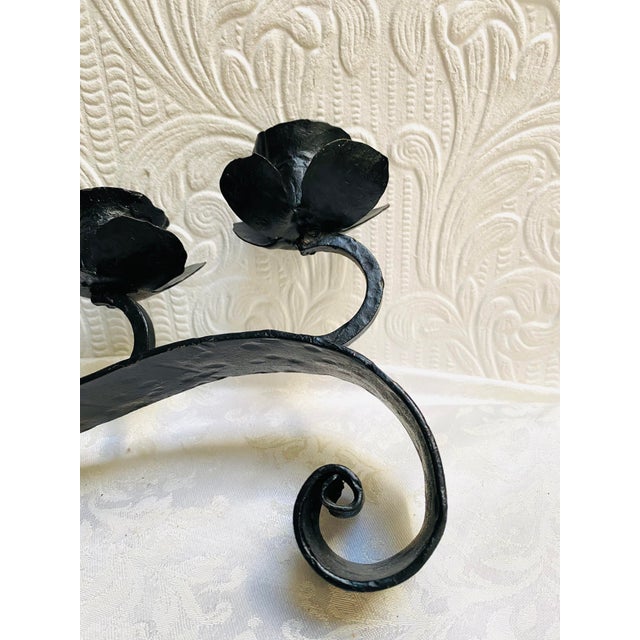 Metal Mid-Century Handmade Black Iron 3 Flowers Candleabra With Scrolled Legs For Sale - Image 7 of 10