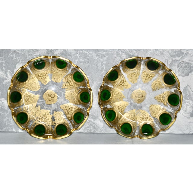 Vintage Pair of Bohemian Moser Style Dishes Etched Emerald & Gold Glass For Sale - Image 12 of 12