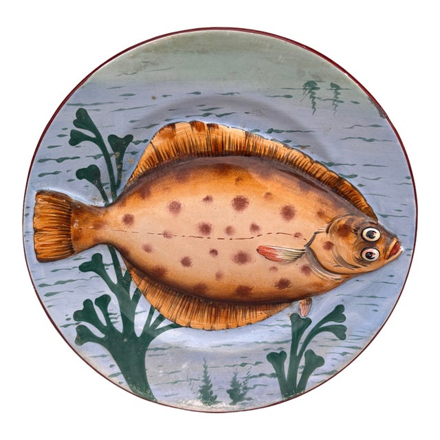19th Century Majolica Porcelain Flounder Fish Wall Platter For Sale