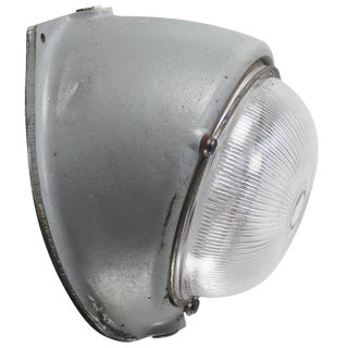 Industrial French Cast Iron and Clear Striped Holophane Glass Sconce from Mapelec For Sale