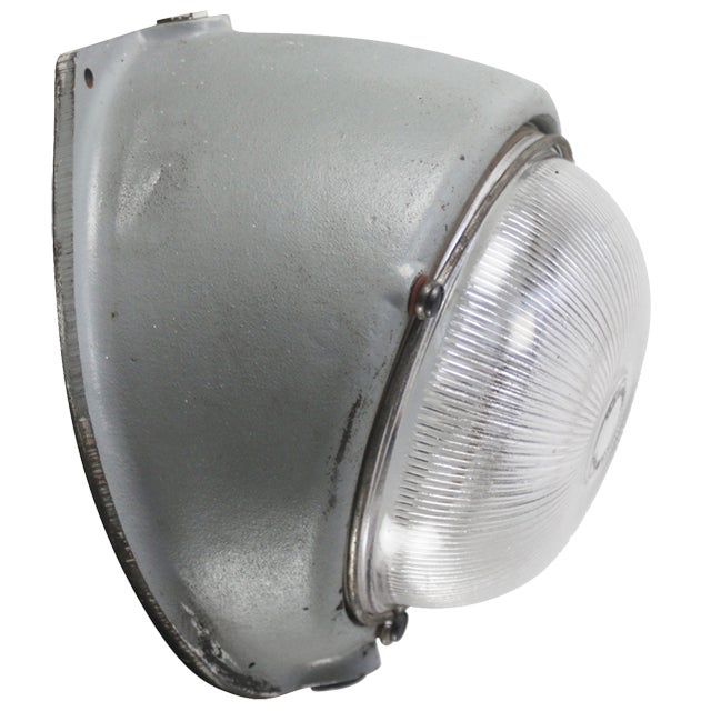 Industrial French Cast Iron and Clear Striped Holophane Glass Sconce from Mapelec For Sale