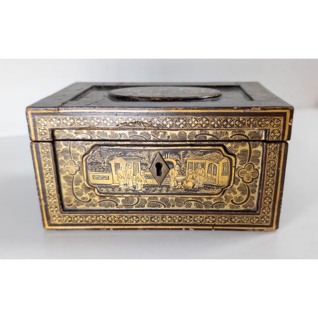 Chinoiserie 19th Century Chinese Export Chinoiserie Black Lacquer Tea Caddy Box For Sale - Image 3 of 13