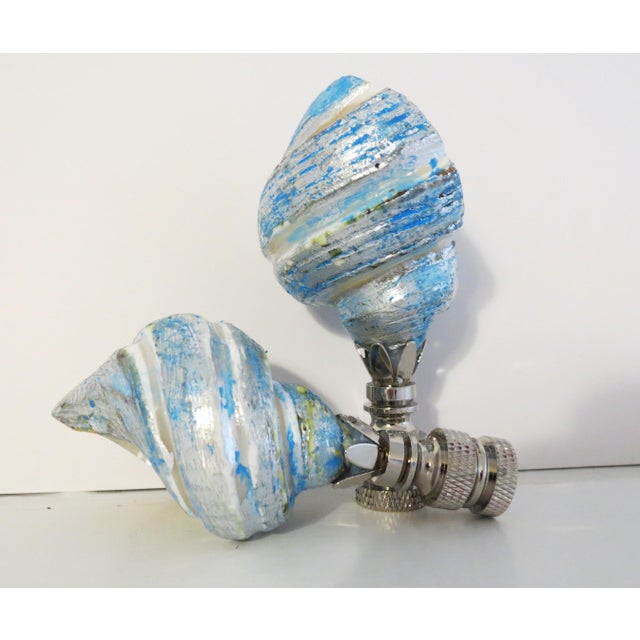 2020s Fiji Shell Lamp Finials, Pearl Finish Blue and Silver Leaf Swirls, Coastal Decor, Pair For Sale - Image 5 of 5