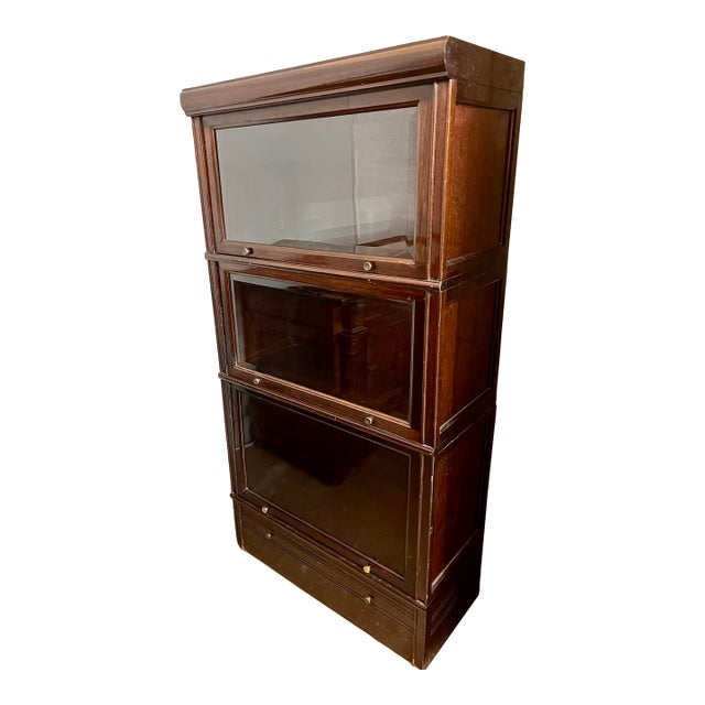 1940s French Mahogany 3-Stack Barrister Bookcase W/Beveled Glass For Sale