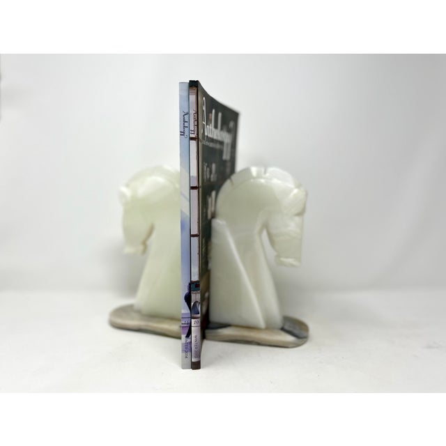 1970s Pair Pale White Onyx Horse Head Bookends With Contrasting Base For Sale - Image 5 of 9