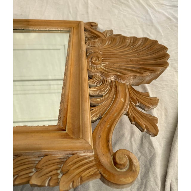 1980's Italian Decorative Crafts Carved Natural Wood Shell Crest Wall Mirror For Sale - Image 9 of 12