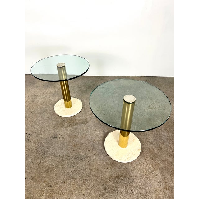 1980s Pair of Leon Rosen for Pace Furniture Round Glass, Brass and Travertine Side Tables For Sale - Image 5 of 9