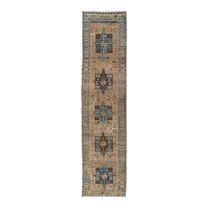 Geometric Medallion Heriz Long Antique Runner in Tan, Brown and Blue