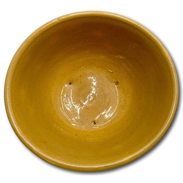 Antique Thick Yellow Ware 12 Inch Kitchen Mixing Bowl With Unusual 2 Color Blue Banded Decoration - Late 1800s. For Sale - Image 4 of 18