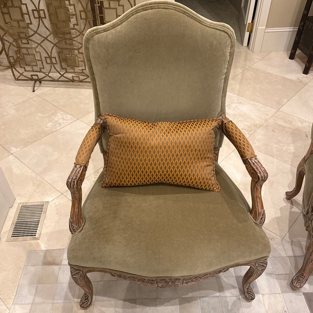 Beautiful olive green velvet with orange accents. oversized, hand-carved wood frame with serpentine rails and elegant...