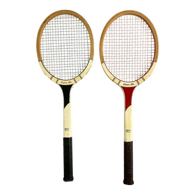 Mid-Century Vintage Boho Chic Americana Wood Tennis Rackets - Set of 2. For Sale