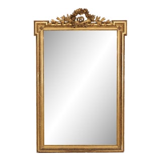 19th Century Giltwood Neoclassical Mirror With Laurel Wreath Crest, 63"h For Sale
