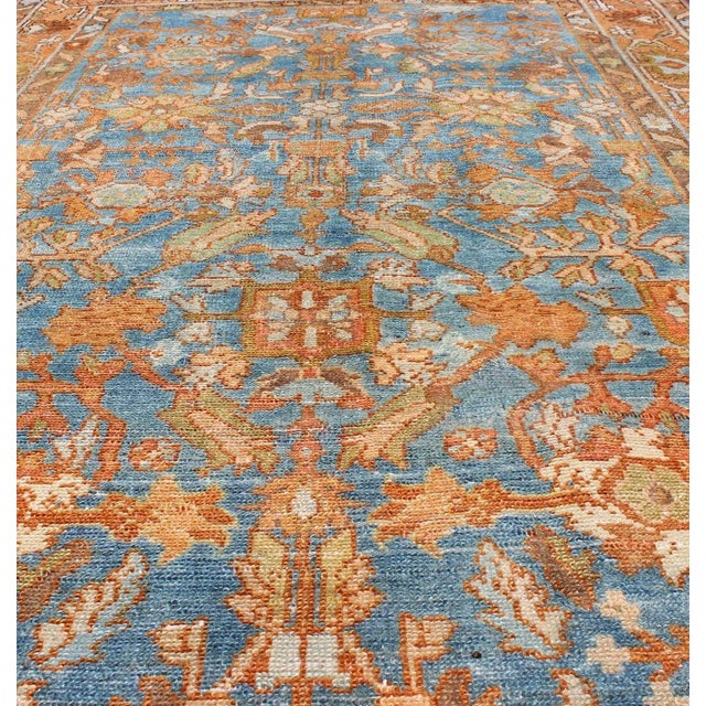 Botanical Design Persian Malayer Antique Rug in Blue, Rust, and Orange Tones For Sale - Image 9 of 12